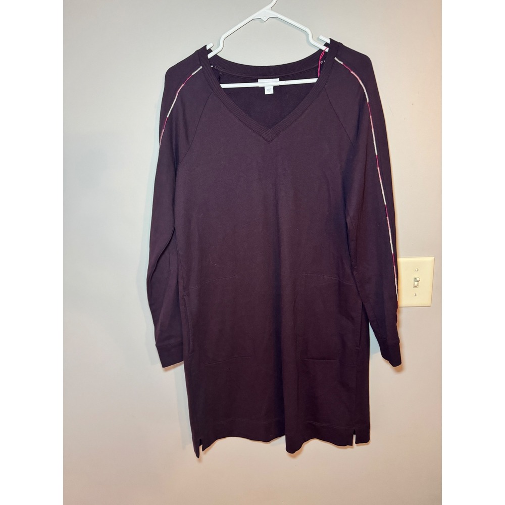 J. Jill Fit Womens Purple V-Neck Sweatshirt Dress Embroidered Sleeve Pockets S